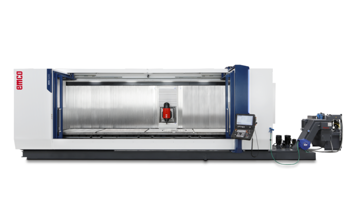 EMCO MMV 6200 Traveling Column Machining Center, 6200 mm X-axis travel, 8000 kg table load, 4 and 5-axis capability.