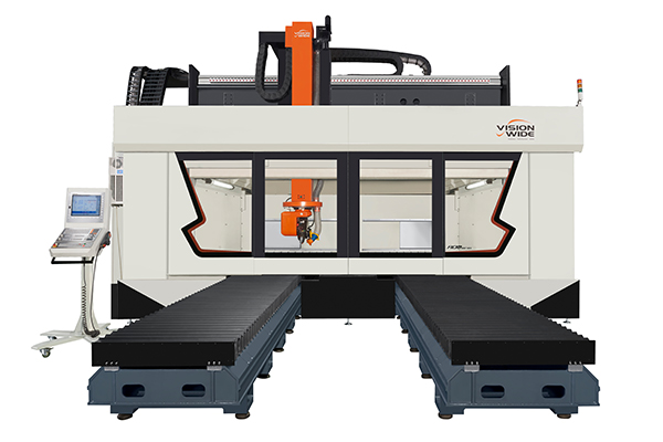 Vision Wide ADM Series 5-Axis Composite Material Machining Center, featuring a $\text{24,000 RPM}$ high-speed spindle, twin shuttle table changer, and integrated dust suction devices for processing CFRP and plastics.